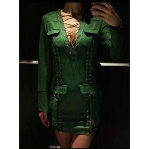 Long Sleeve Deep V Lacing Retro Faux Suede